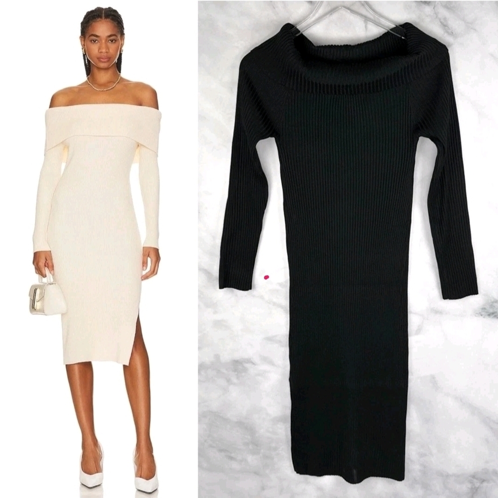 Steve Madden Off the Shoulder Foldover Ribbed Knit Sweater Midi Dress Black